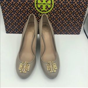 Tory Burch Gray Wedge Gold double T emblem